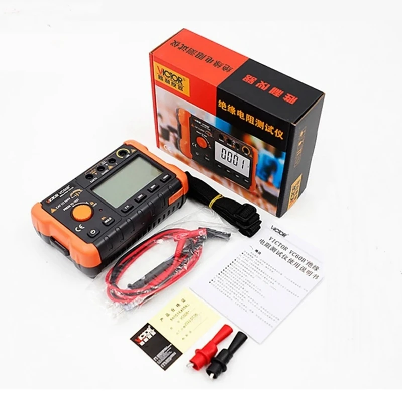 Victor VC60B+ Digital Insulation Resistance Tester 0.1~2000m ohm MegOhm Meter DC/AC 250V/500V/1000V DC Voltage Data Test Hold resistance tester