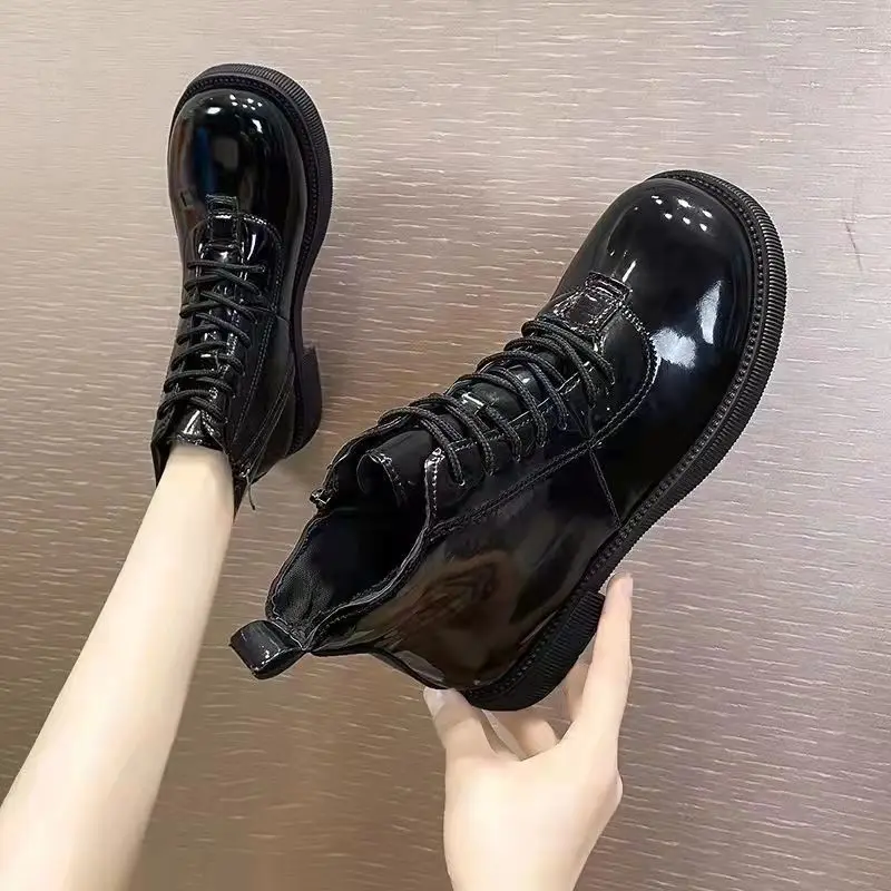 Black Short Shoes for Women Female Ankle Boots Lace-up with