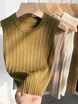 توب نسائي محبوك برقبة دائرية ، سويتر نسائي بلا أكمام ، قطع أنيق ، توب أنبوبي نحيف أحادي اللون ، نصف صدرية ، ملابس الشارع ، Y2K 5