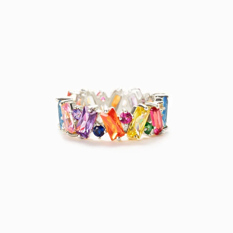 Huitan Irregualr Design Colorful CZ Women Rings Gold Color/Silver Color Geometric CZ Rainbow Rings Luxury Trendy Jewelry