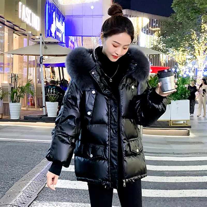 2023 New Women Down Jacket Winter Coat Female White Duck Down Leave-In Parkas Short-Length Outwear Loose Furred Collar Overcoat