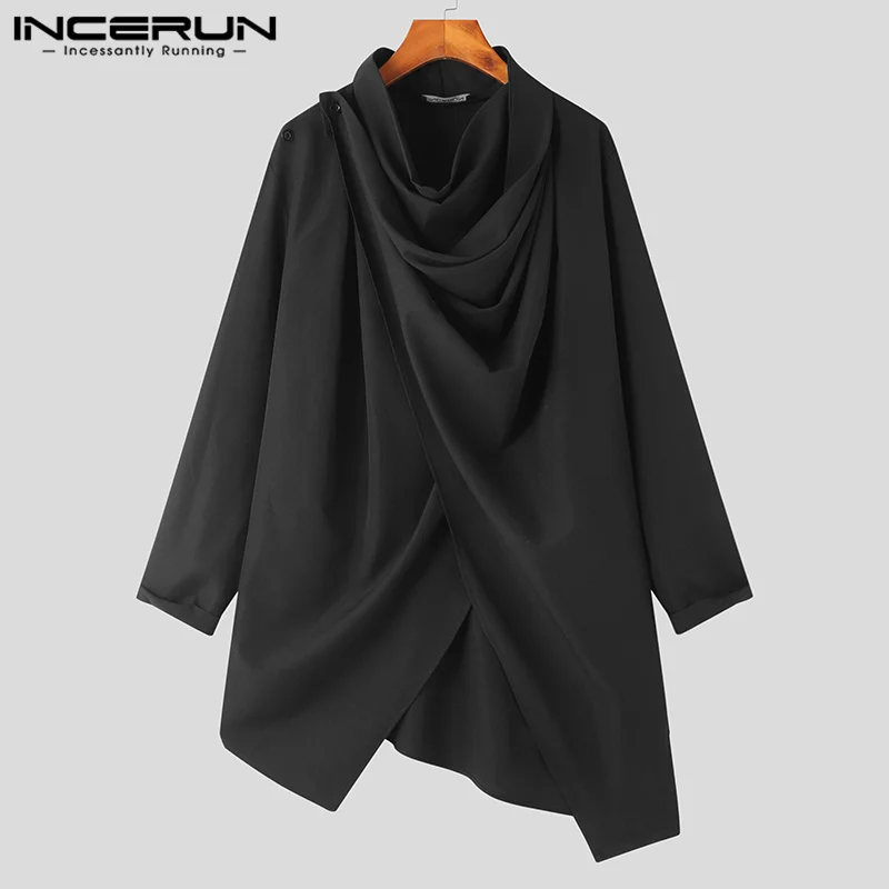 INCERUN 2023 남성 트렌치 솔리드 컬러 터틀넥 긴 소매 streetwear 불규칙한 망토 폰초 남성 펑크 패션 캐주얼 코트 S-5XL