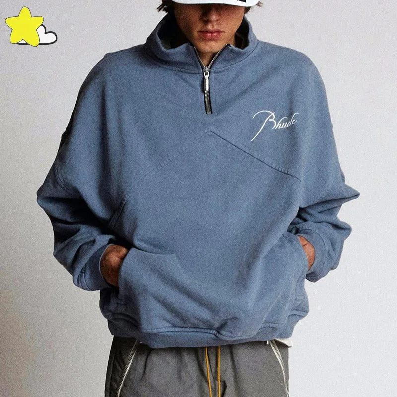 

RHUDE Half Zipper Sweatshirts Men Women 1:1 Classic Logo Casual Blue Embroidered Loose Stand Collar Splice Pullover RHUDE Hoodie