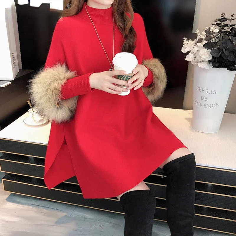 Autumn Winter New Thick Knitted Sweater Women's Cloak Shawl Bat Shirt Pullover High Neck Loose Sweater Poncho Christmas Tops Red