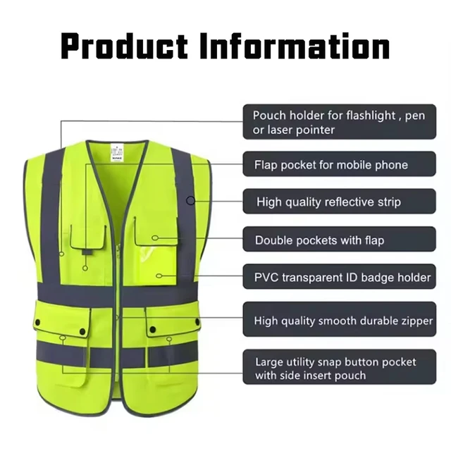 Custom Logo Hi Vis Safety Vest - Multi-colours - Pockets and Zipper