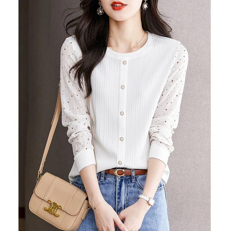 Spring Texture Comfortable Spliced Long Sleeve Women Sweatshirts Fashion Casual Oversized Inside T Shirts Tops Daily Wear White