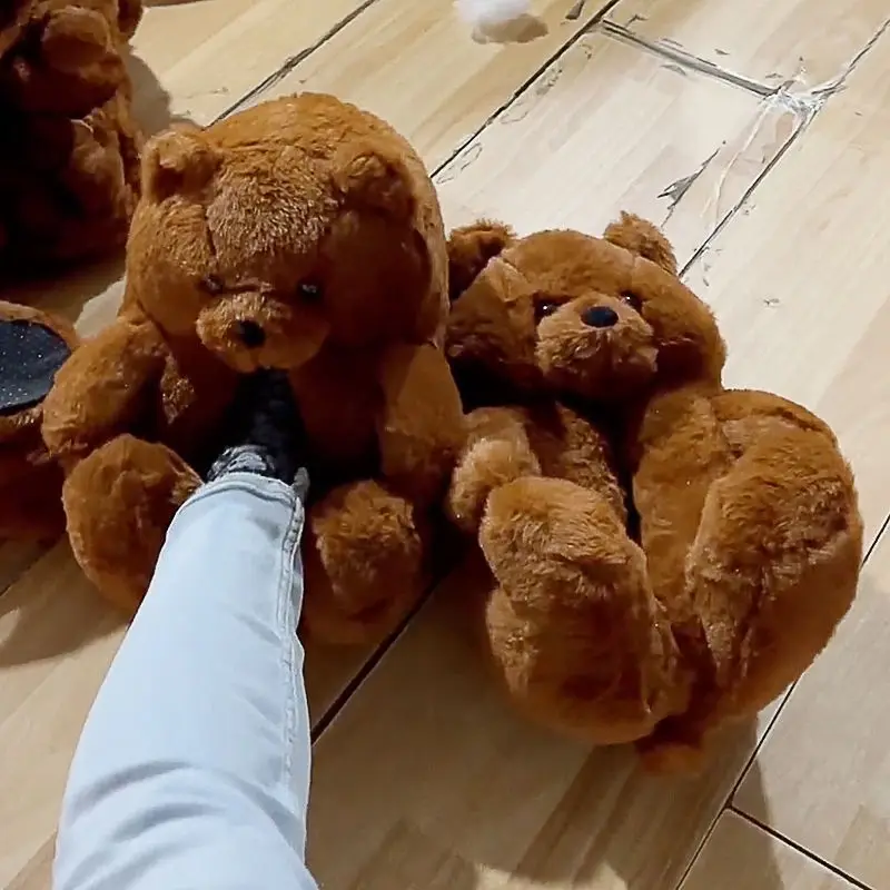 

Free Ship Brown Bear Slippers Women Designer Slip-on Teddy Shoes Fluffy Indoor Shoes Cute Animal Fur Slides Plus Size