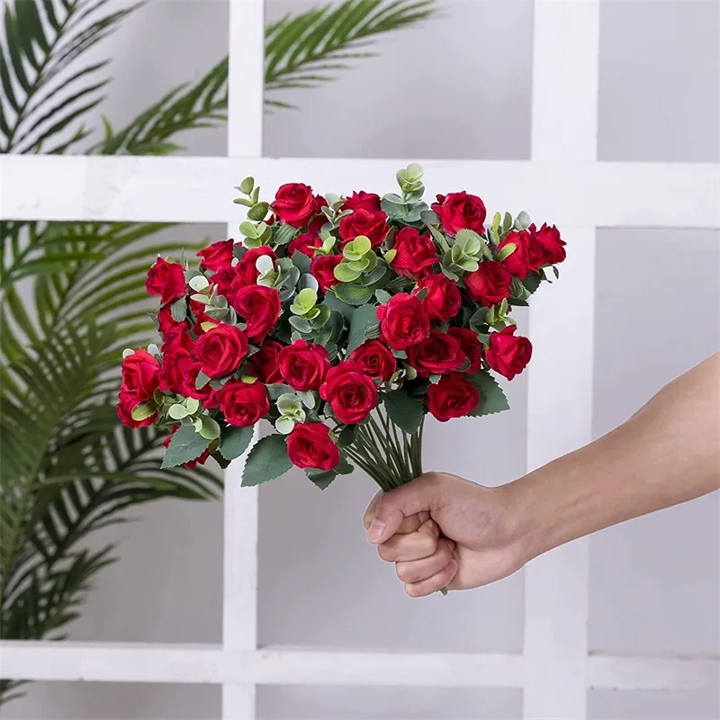 Description Picture 6 of itemArtificial Flowers Bouquet White Red Rose Eucalyptus Leaves Wedding Decoration Peony Fake Flower For Party Home Decor Outdoor