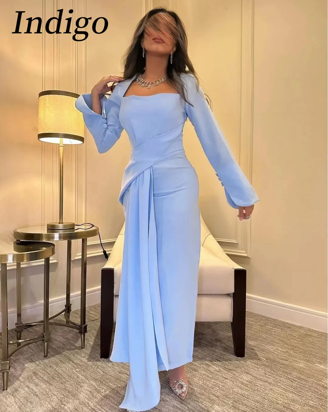 

Indigo Light Blue Soft Satin Evening Dresses Ankle-Length Women Simple Elegant Party Dress Saudi Arabic 2024 فساتين السهرة