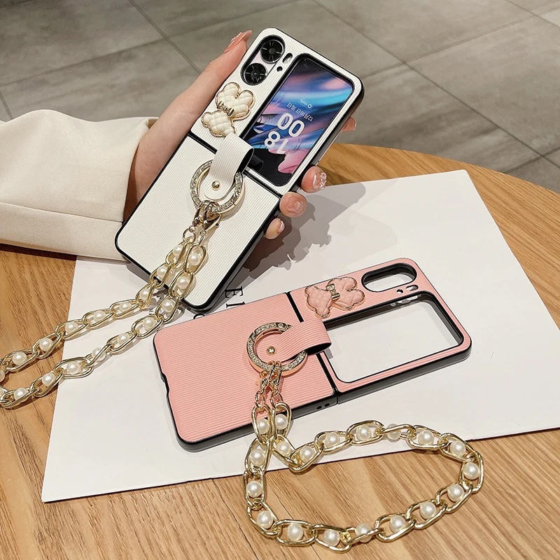 Custodia Per Oppo Find N2 Flip Diy Plaid Bear Pearl Ring Bracciale Custodia Rigida Antiurto Per Cellulare