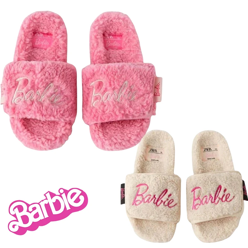 

Barbie Pink Fur Slippers Kawaii Women Outer Wear New Thick-Soled Lamb Wool Flip Flops All Match Slippers Soft Cotton Shoes Gifts