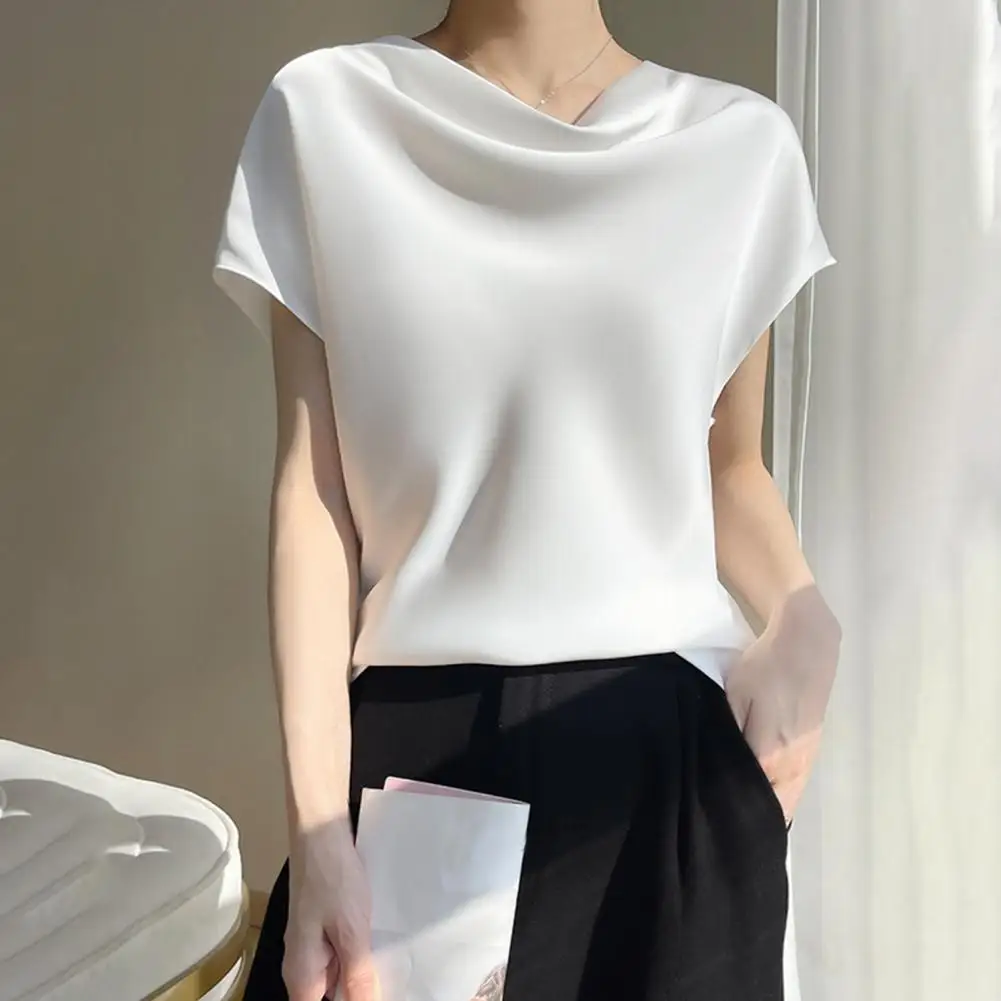 Lightweight Satin Top Elegant Women's Summer Satin Blouses Piled Collar Tank Tops Short Sleeve Solid Shirts for Streetwear women s breathable lightweight linen tank top and pants 2 piece set slim fit stylish and elegant women s set