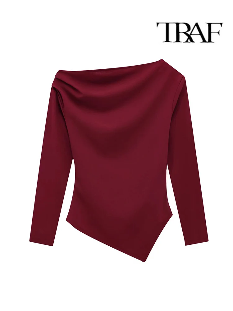 2025 New Spring Summer Women Top T Shirts O-Neck Elastic Fashion Asymmetric Clothes Long Sleeve Shirt Top