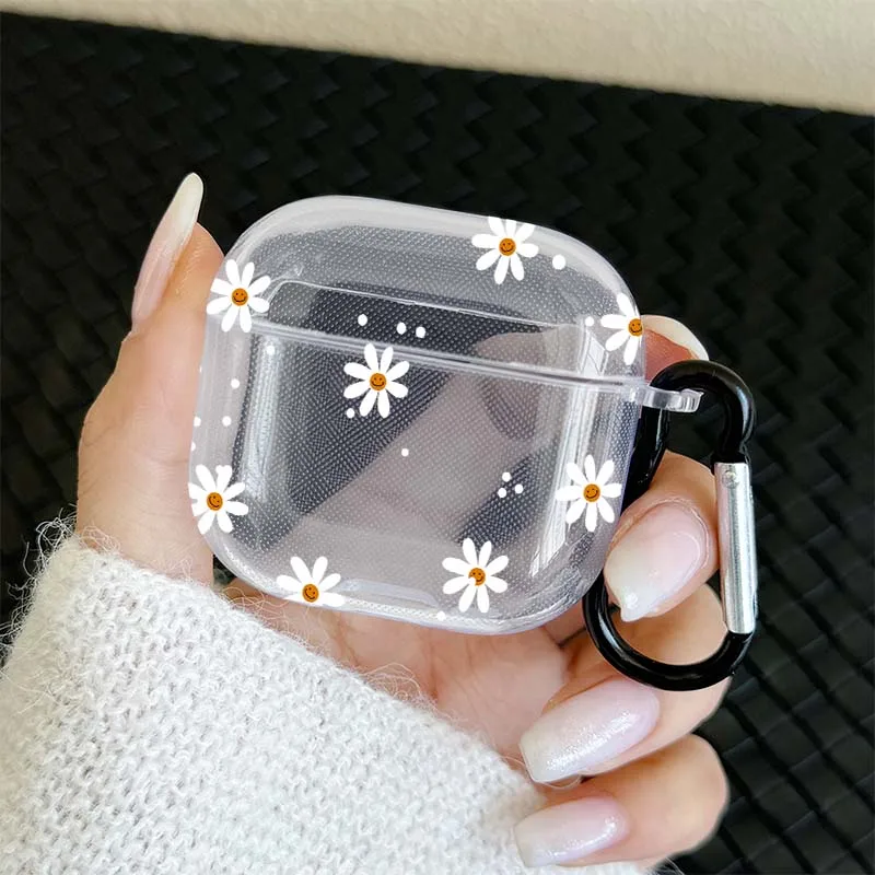 Transparent TPU Flower Pattern Wireless Bluetooth Case with Hook - Protective Cover