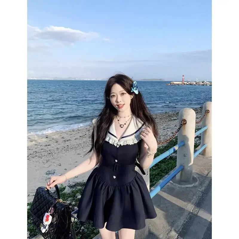 

2024 New sweet college style sleeveless dress waisted thin A-line skirt collision splicing short dress female fashion women