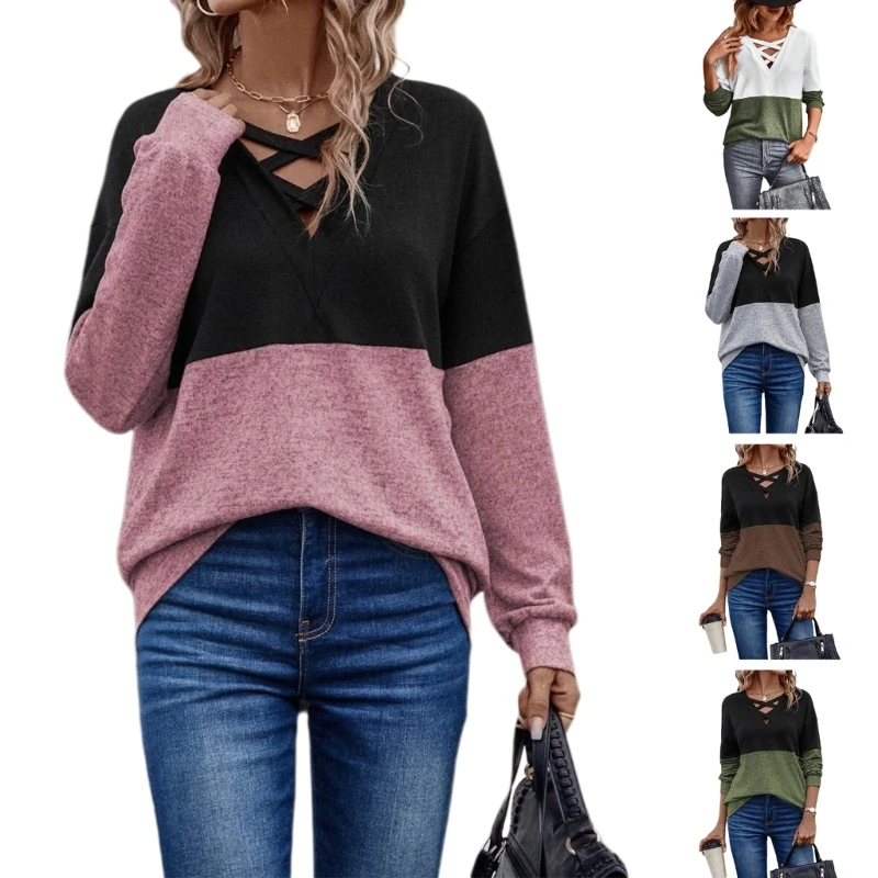 

Long Sleeve Spring Womens T-Shirts V-Neck Criss Printed T-shirt Blouses