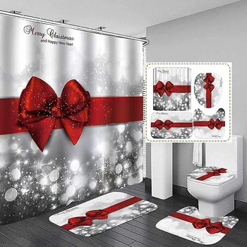 4PCS Bathroom Shower Curtain Set Christmas Snowman Santa Claus Printed Waterproof Shower Curtain Toilet Cover Mat Non Slip Rugs 1
