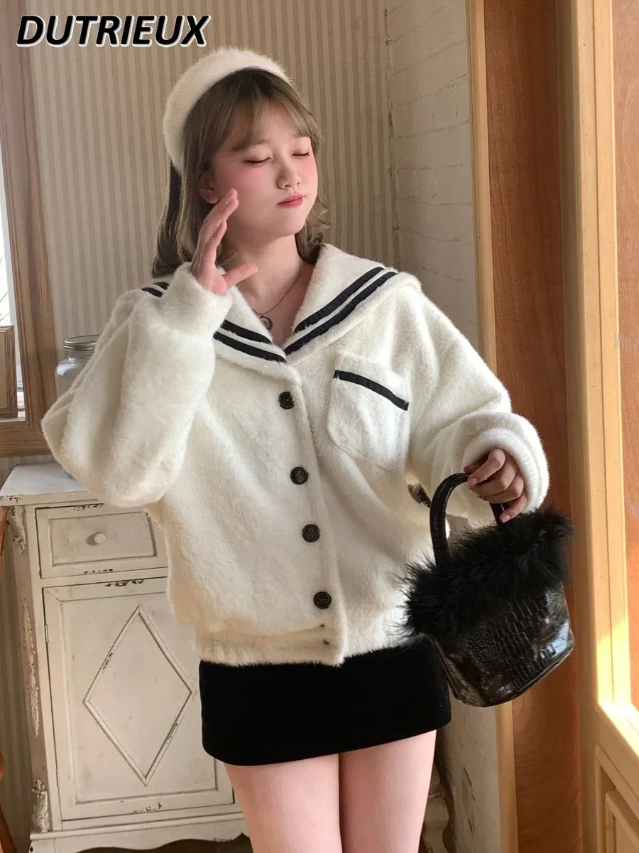 

Mori Girl's Soft Fur Sail Collar Clothes Autumn and Winter College Style Short Coat Single-Breasted Long Sleeve Jacket for Women