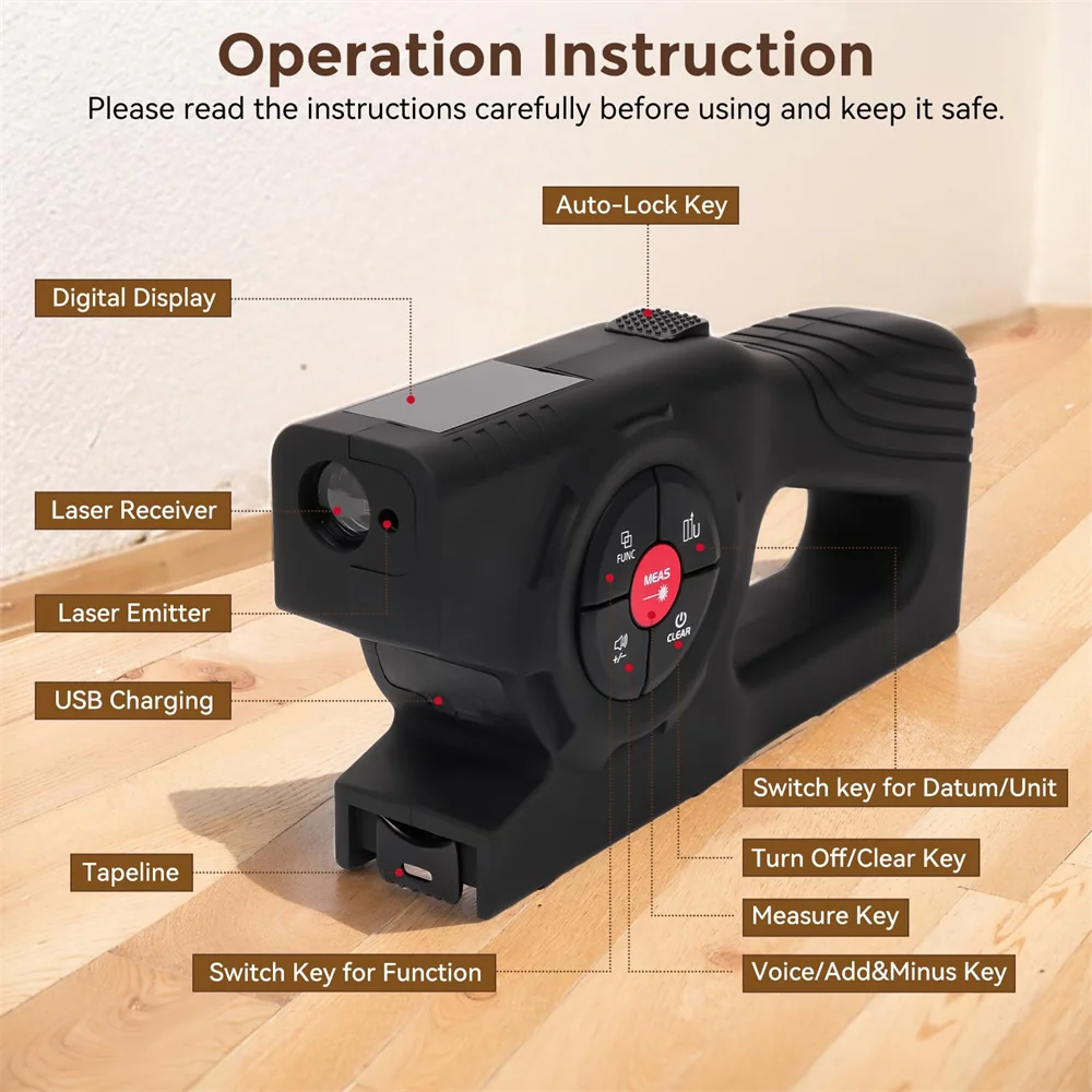 120 m Laser-Maßband, 3-in-1 wiederaufladbare Digitalanzeige, 4,7 m physisches Maßband, M/in/Ft-Schalter, Flächenvolumen, Pythagoras-Calc – Detail 6