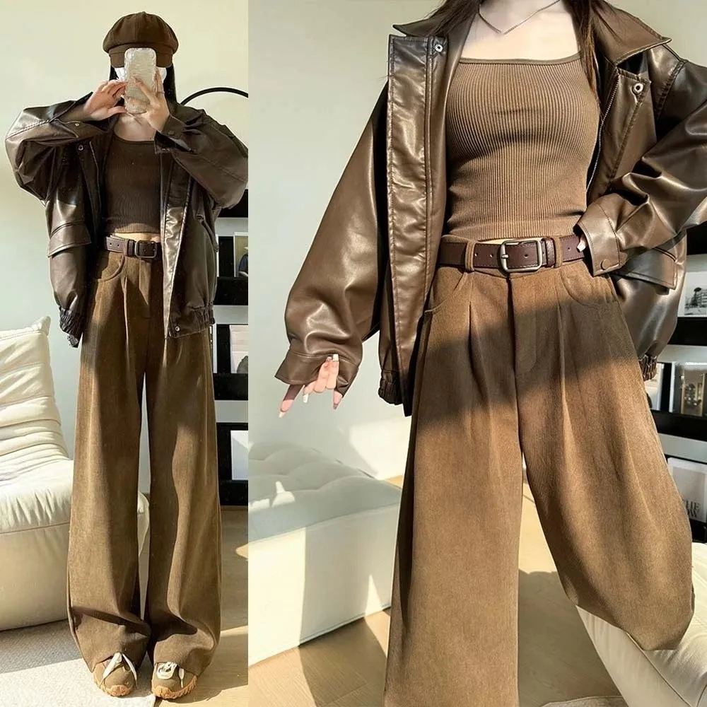 Soft Baggy Korean Long Pants Straight Leg Casual Wide Leg Trousers Ins Style Loose Coffee Suit Pants Girls