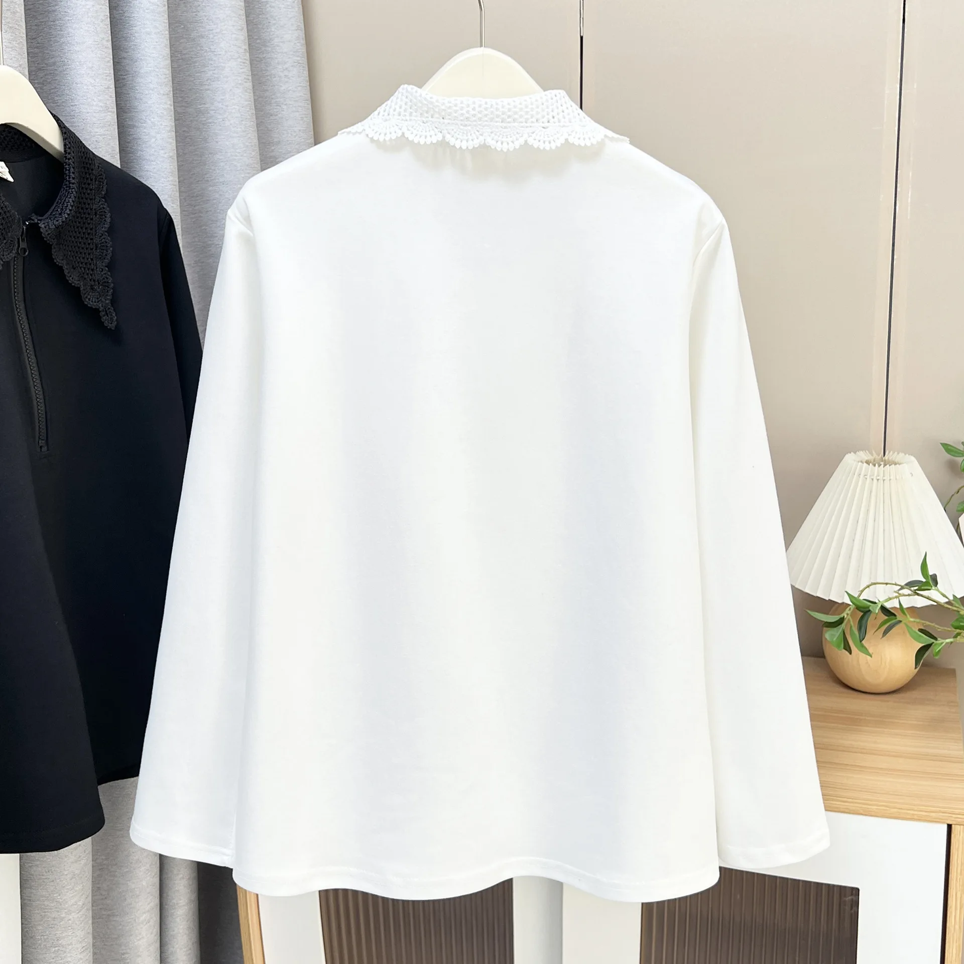 XXXXL Fashion Plus Size Women's T-Shirt Autumn New Style Stylish Casual Zipper Lace Lapel Long Sleeved Base Tops 933