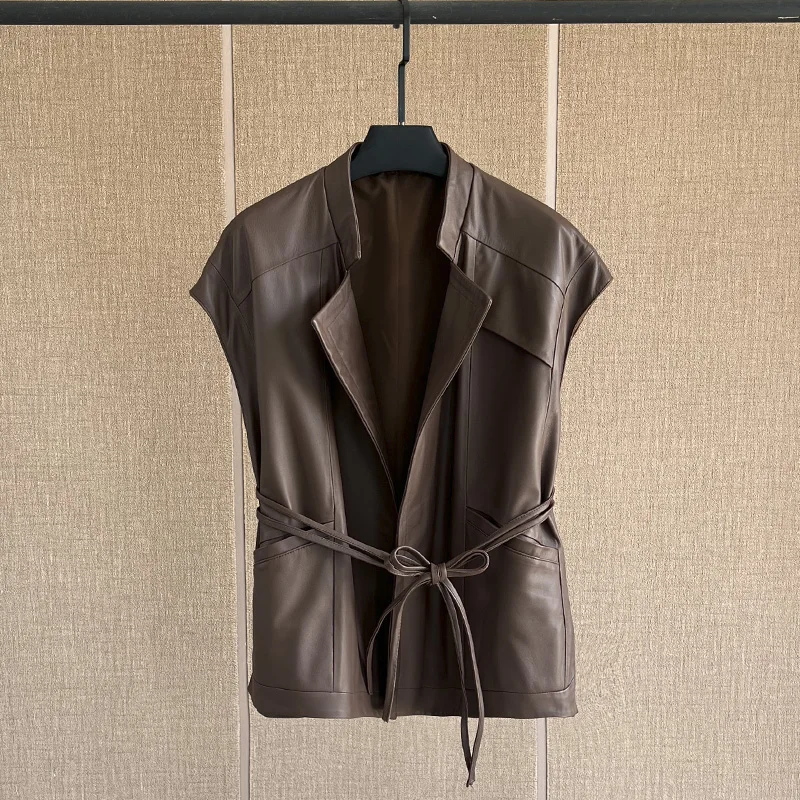 Women's Leather Waistcoat, Sheepskin Vest, Loose Lace Up, Casual Sleeveless Coat with Large Pockets, Spring and Autumn