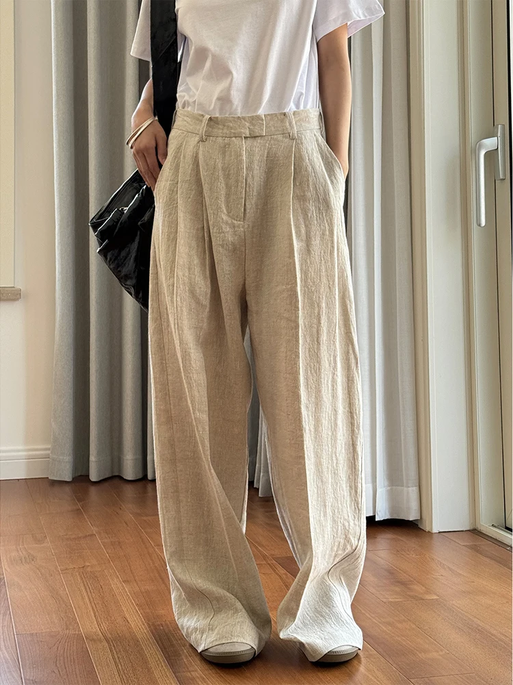 [LANMREM] Minimalism Linen Sunscreen Pants For Women High Waist Straight Wide Leg Trousers Office Lady 2024 Summer New 26D9337
