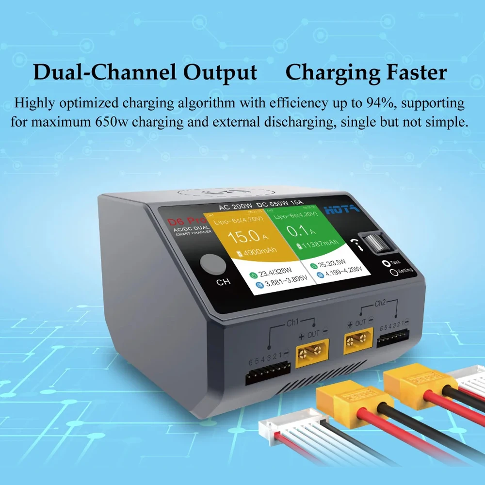 HOTA D6 Pro Smart Charger Dual Channel AC200W DC650W 15A, Supports LiPo/NiMH/NiCd/NiZn & Phone Charging for FPV Drone thumbnail 4