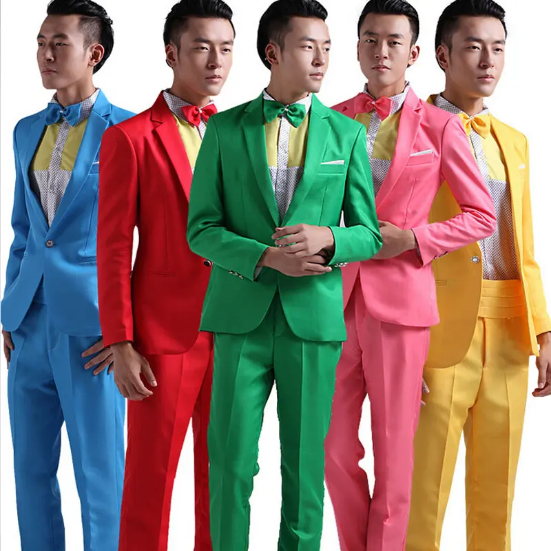Mens Suit New Long-sleeved Men's Suits Pants Hosted Theatrical Tuxedos Wedding Prom Male Red Yellow Blue Formal Regular Clothes