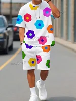Colorful Flowers Printed Sport T-shirt+shorts Suit Set Men Male Luxury Tracksuit Outfit Summer Oversized 2 Piece Set men Clothes