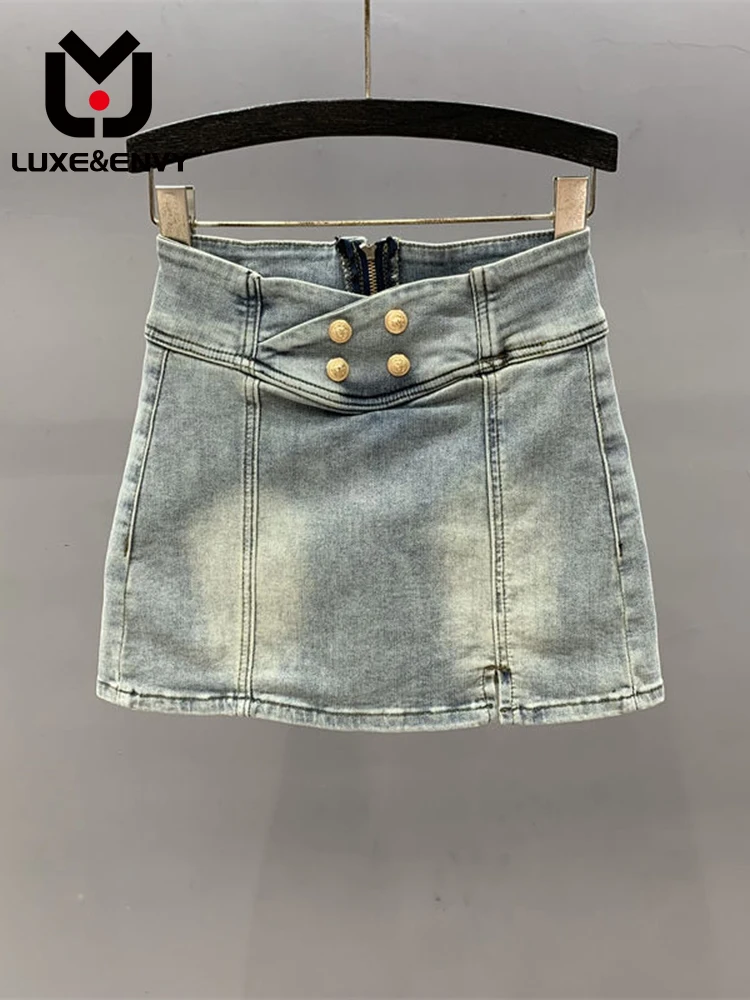 

LUXE&ENVY Split Denim Skirt For Women's 2023 Summer New High Waisted Slim A-line Anti Spicy Girl Wrap Hip Short Skirt