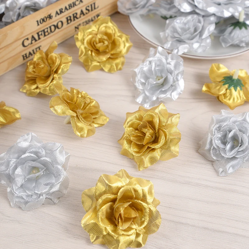 10 Stück Gold Silber Künstliche Rosen Seidenblumen Köpfe 6 cm Rosenblume DIY Blumenstrauß Kranz Handwerk Scrapbooking Hochzeit Party Dekor – Detail 7
