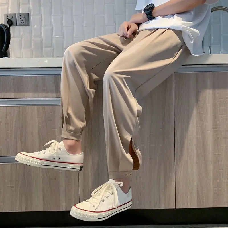 Spring Summer Fashion All Match High Waist Loose Men's Clothing Solid Color Tie Feet Slimming Pockets Solid Cotton Casual Pants