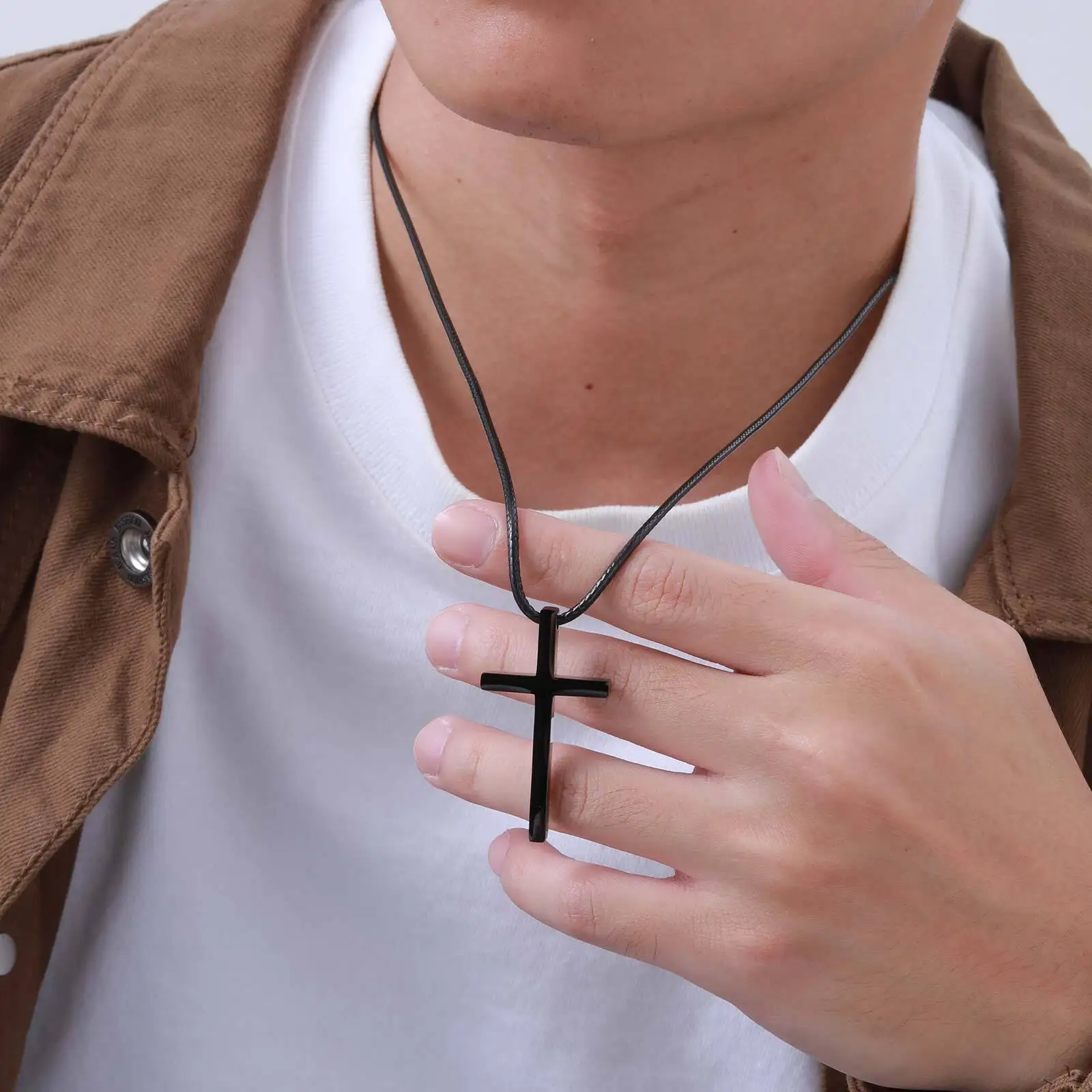 Simple Cross Pendant Necklaces for Men Boys,Stainless Steel Jesus Pendant with Black Wax Rope, Religious Prayer Blessing Gift