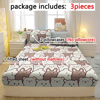 Ensemble de literie 3 pièces avec motif ours amusant, drap-housse, couverture de lit imprimée, dessin animé, chambre à coucher 1