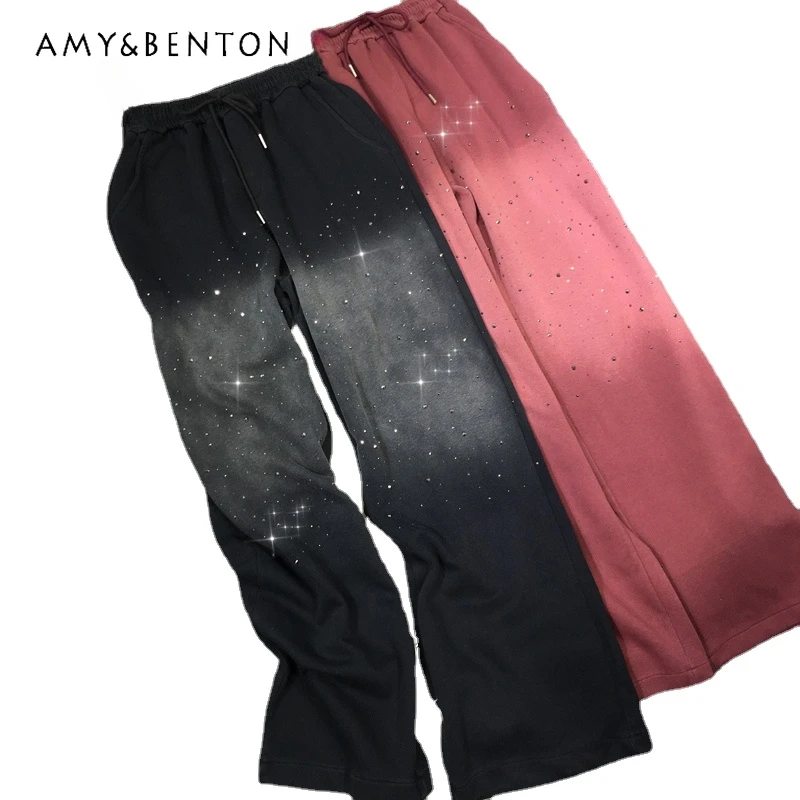 Fall Heavy Embroidery Diamond Drills Wide-Leg Pants Women's High Waist Slimming Gradient Color Long Pants Casual Sports Trousers fleece padded jeans trousers female side diamond drills slight elastic five pointed star pendant slim version straight leg pants