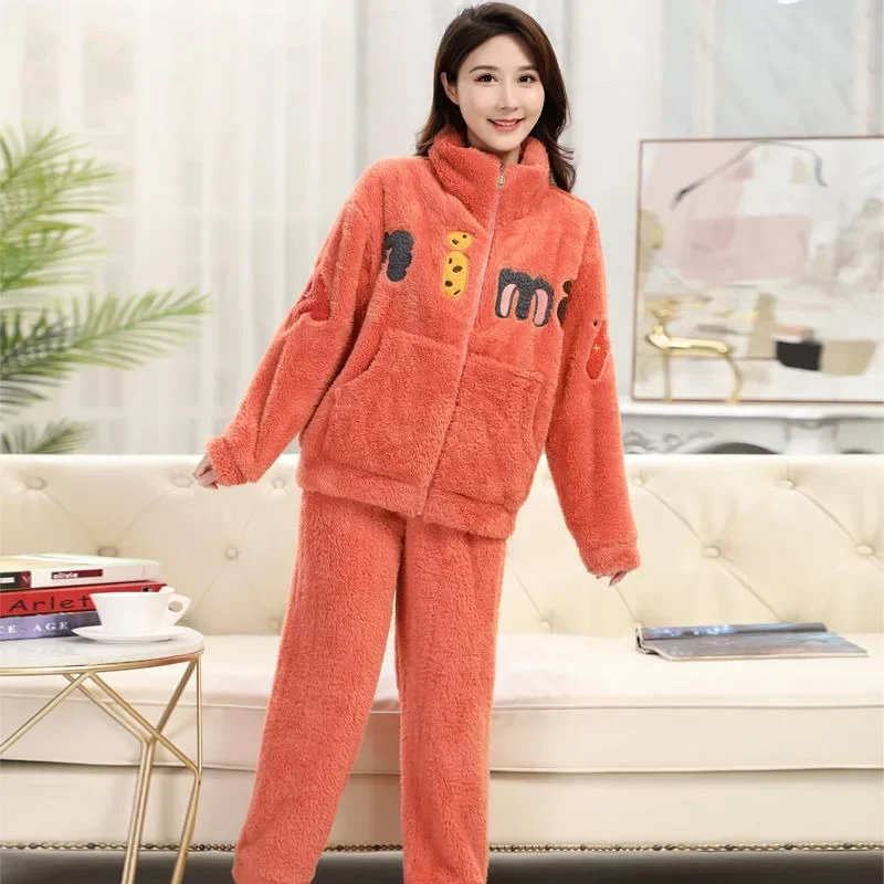 2024 New Coral Velvet Pajamas for Women in Autumn Winter Loungewear Thickened Warm Plush Sleepwear Flannel Zippered Homewear Set