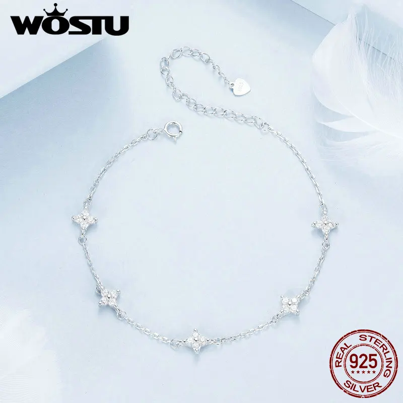 WOSTU 925 Sterling Silver Anklet Simple Shiny CZ Four-Leaf Clover Anklets for Women Senior Jewelry Accessories BST008