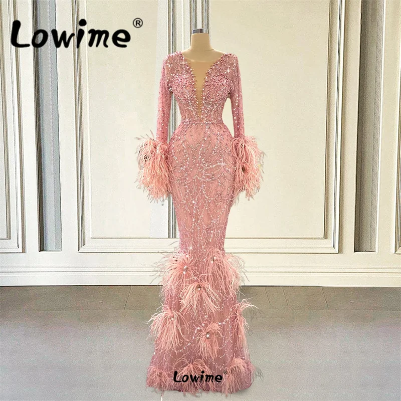 

Feather Pink Sparkly Crystals Beads Evening Dress Mermaid Long Prom Dresses 2023 Customized Robes De Soiree Wedding Party Dress