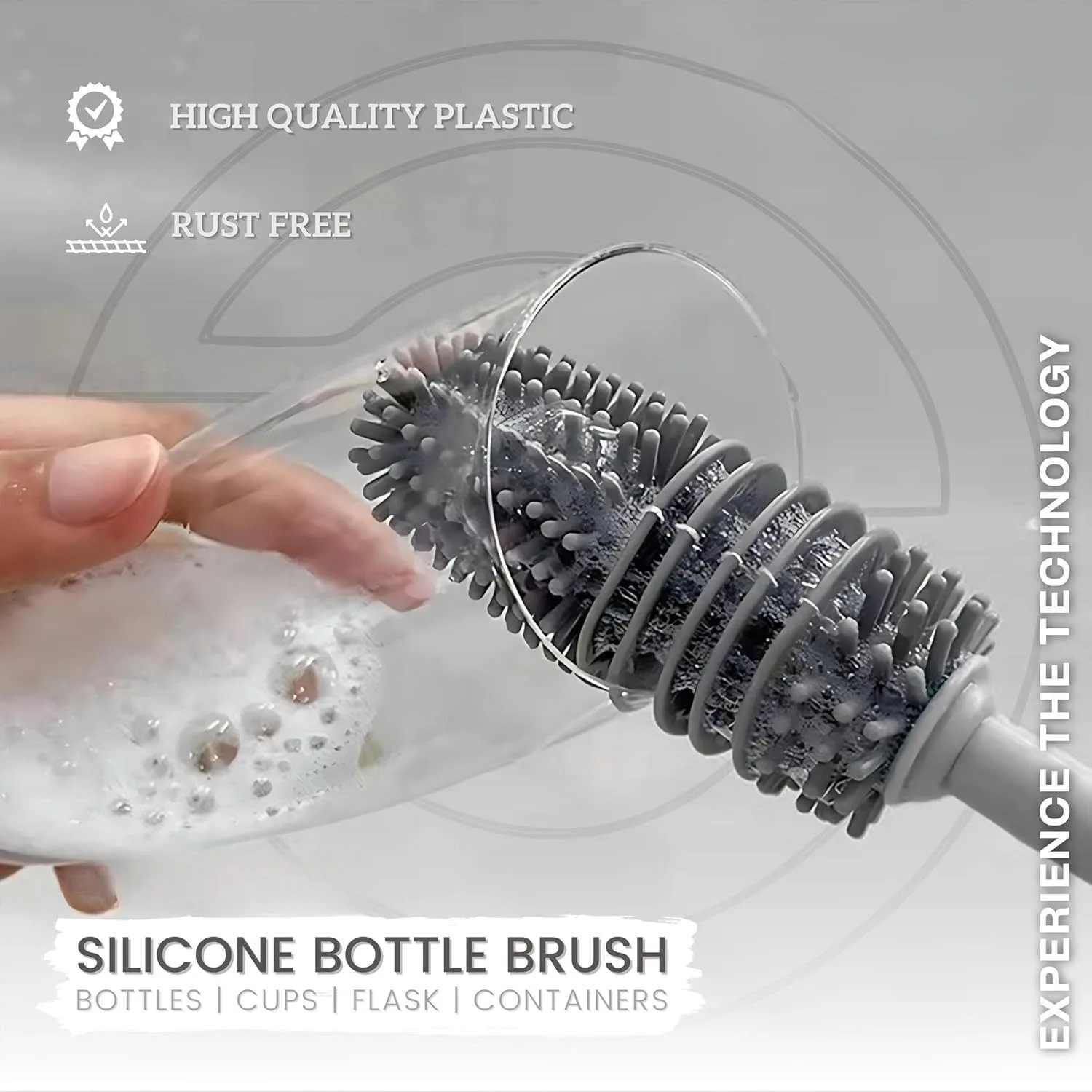 Silicone Bottle Brush , Long Handle Bottle Cleaner, 13" Bottle Cleaning Brush for Flasks, Vacuum Sports Bottles, Vases and Glassware (Grey) 2
