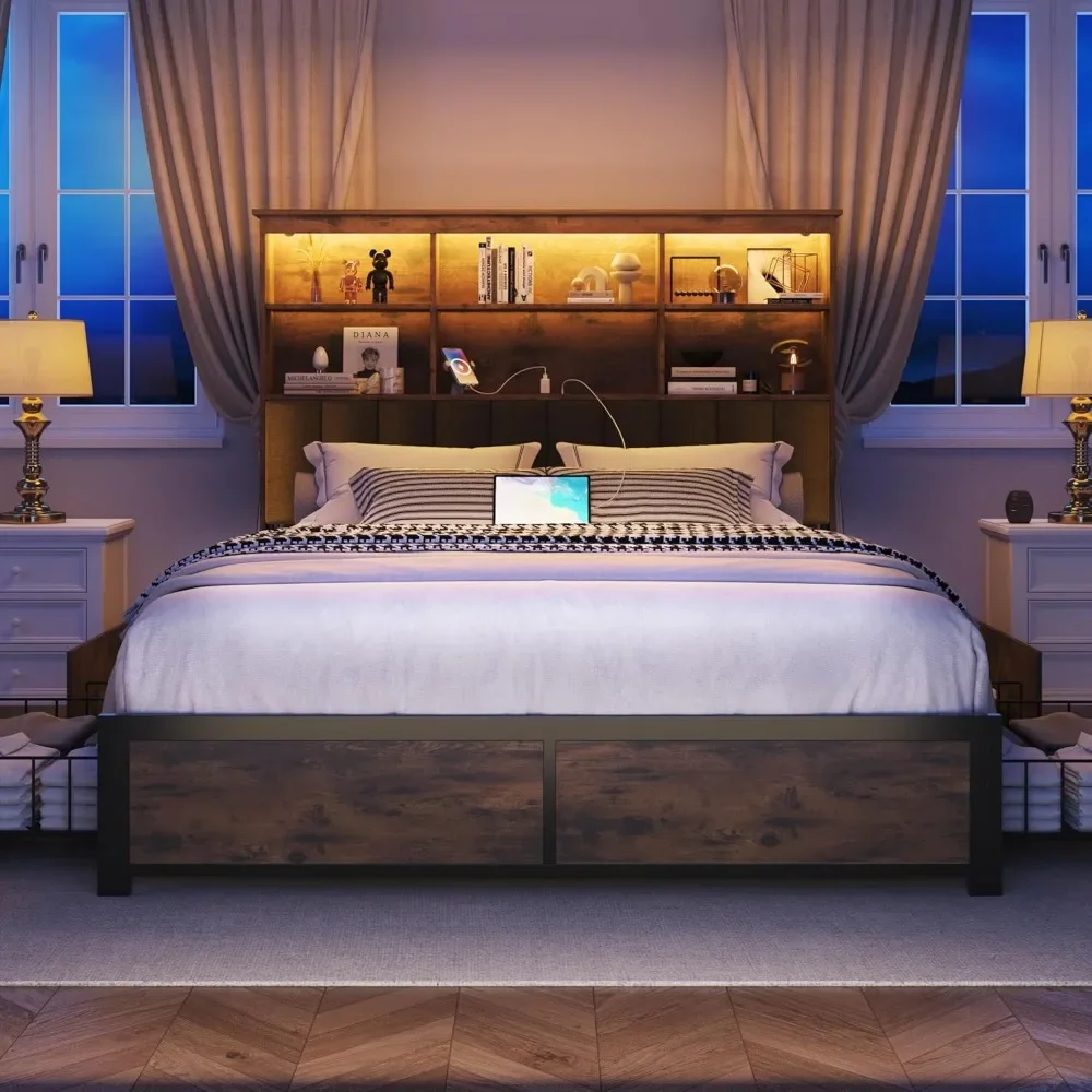 Description Picture 4 of itemQueen Bed Frame with Headboard, Queen Bed Frame with High Storage Bookcase Headboard,4 Storage Drawers & Charging Stati