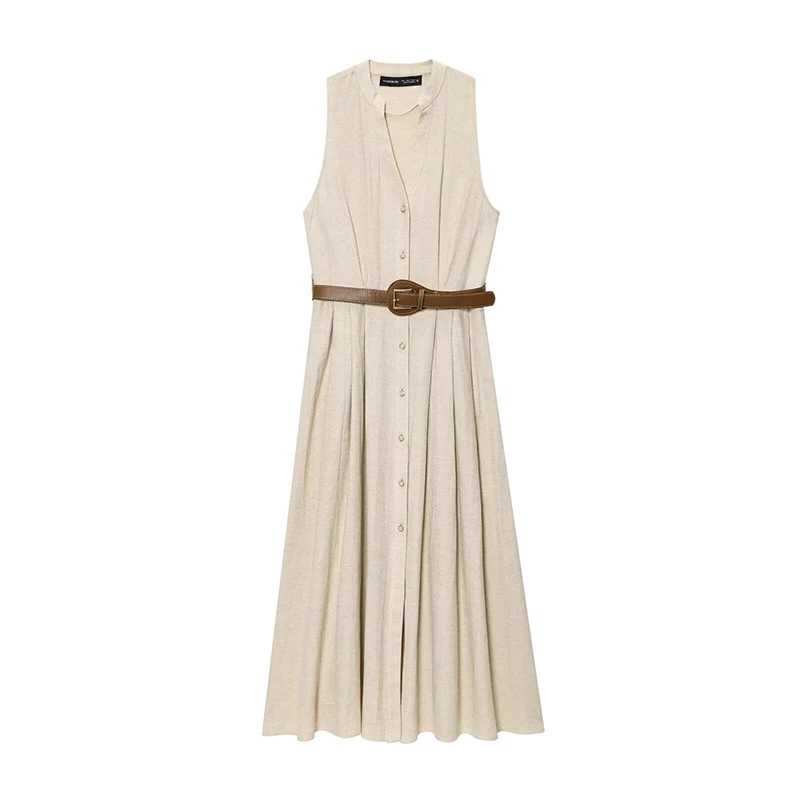 2025 Pleated Dress Woman Belt Sleeveless Long Dresses for Women Casual Summer Midi Dress Women Holiday Women's Dress