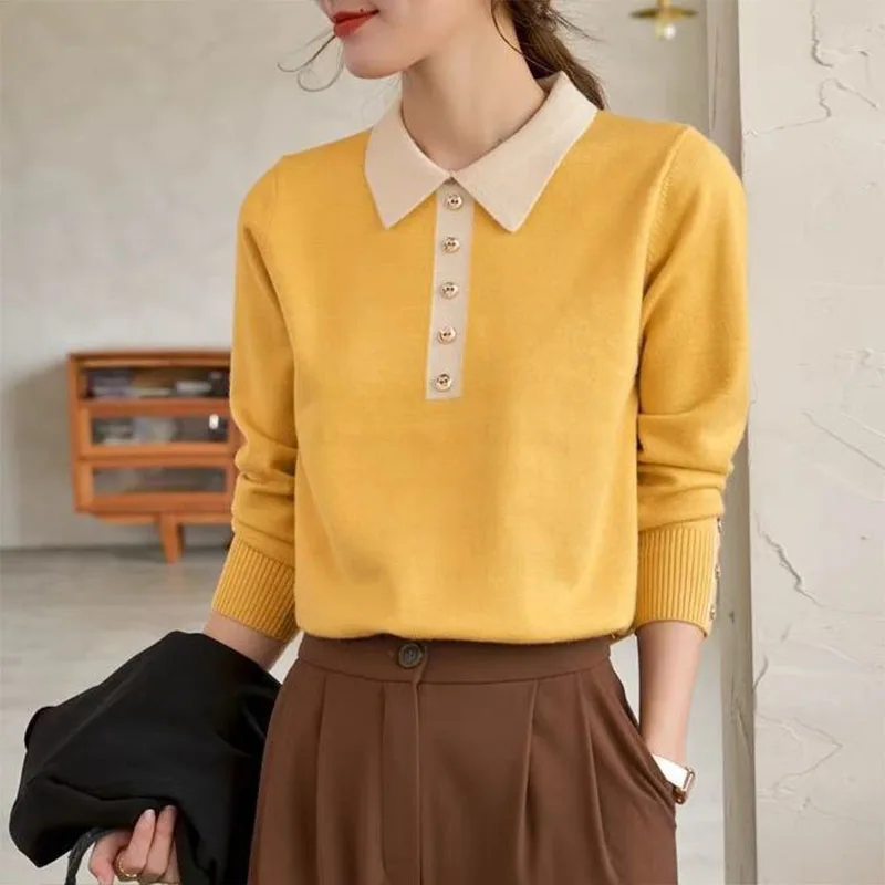 

Office Lady Polo-Neck Long Sleeve Button Knitted Pullovers for Women 2022 New Bottoming Shirt Women's Clothing Korean Top T-Shir