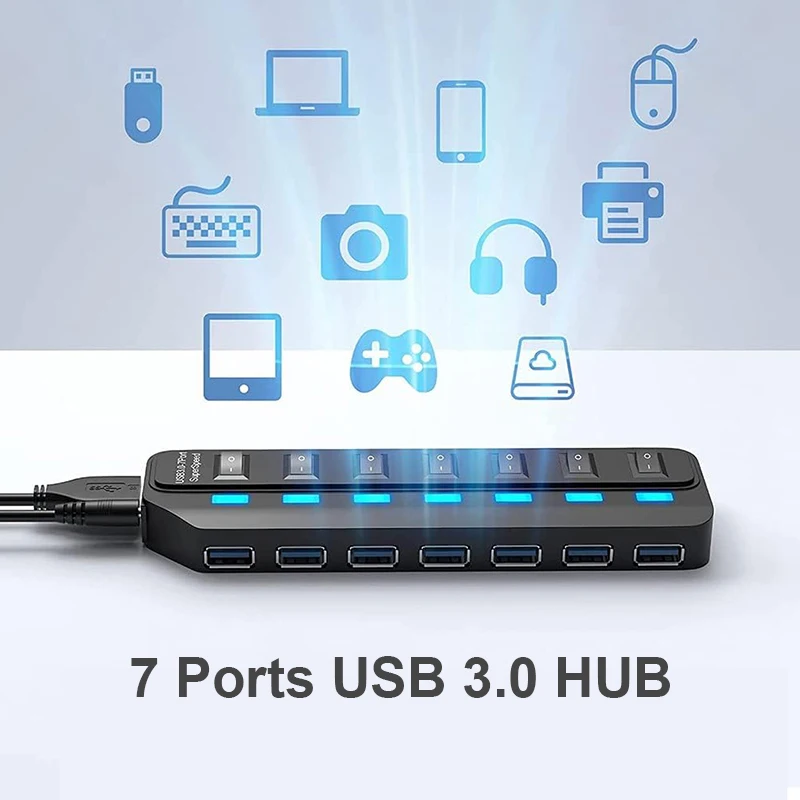 High-Speed Multi-Port USB Hub with Power Adapter and Switch