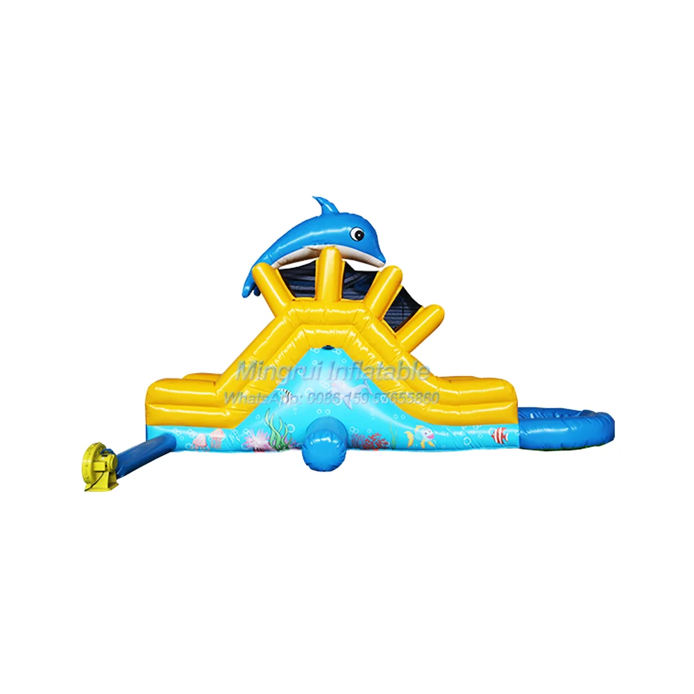 Inflatable Blue Jumping Dolphin Water Slide Combo Bounce House with Pool for Kids Water Play