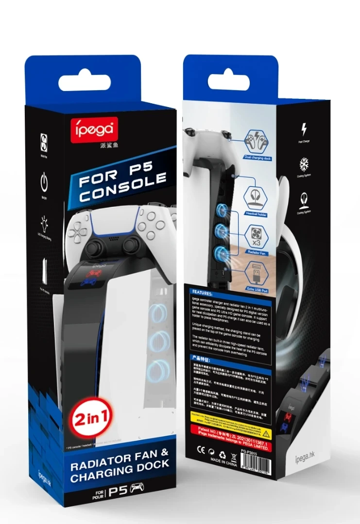 IPEGA PG-P5015 2 in 1 For PS5 Vertical Cooling Fan Dual Controller Charging Headphone hanger 3 Fan Station Charger for PS5