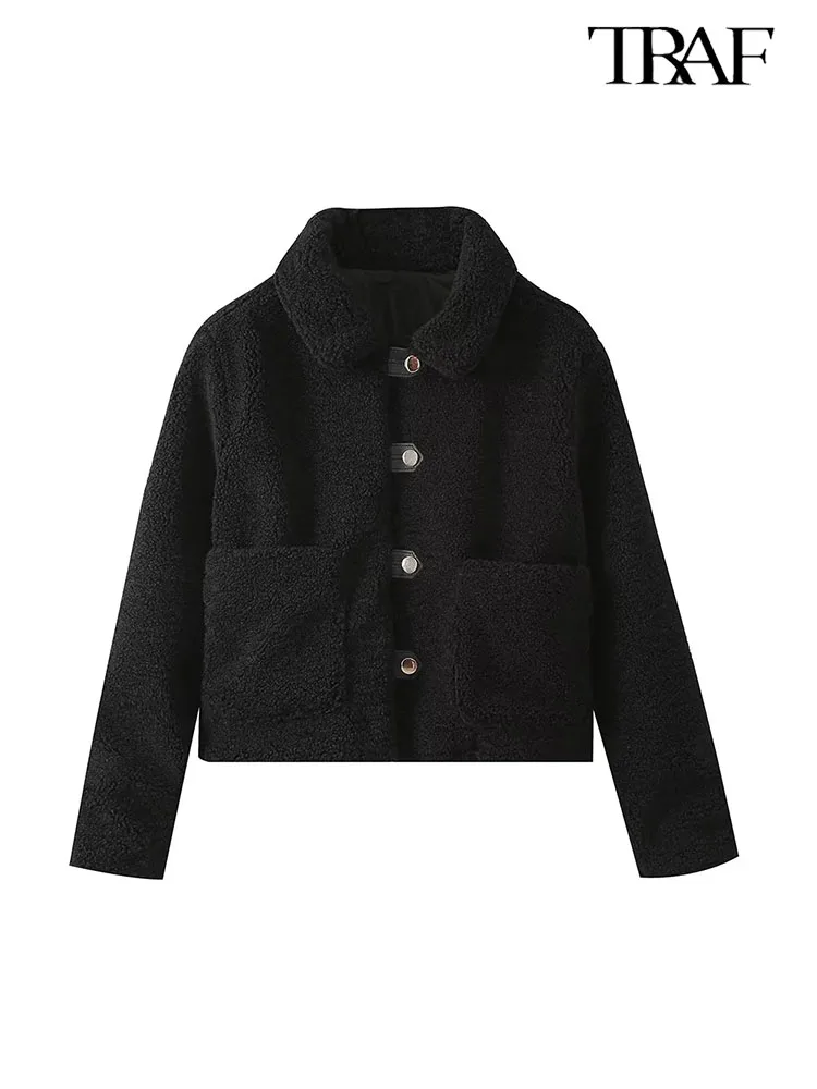 

TRAF Woman Fleece Short Jackets Winter Coats Autumn Winter Women Cropped Jacket Female Outerwear Coat