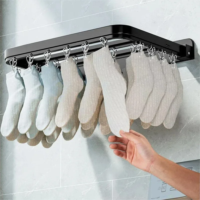 Foldable Wall-mounted Bra Sock Drying Rack Underwear Holder Towel Shelf Hook Balcony Organizer Sock Clip for Laundry 3