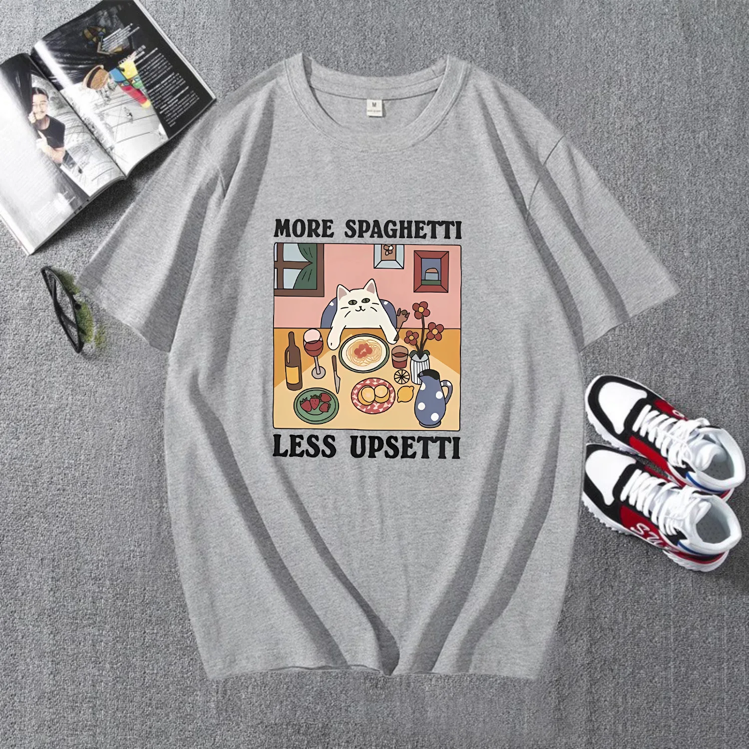MORE SPAGHETTI LESS UPSETTI Printed T-shirt Cute Cat Again Eating Pattern Kawaii Top Italian Lover Short Sleeve Graphic Shirts 3