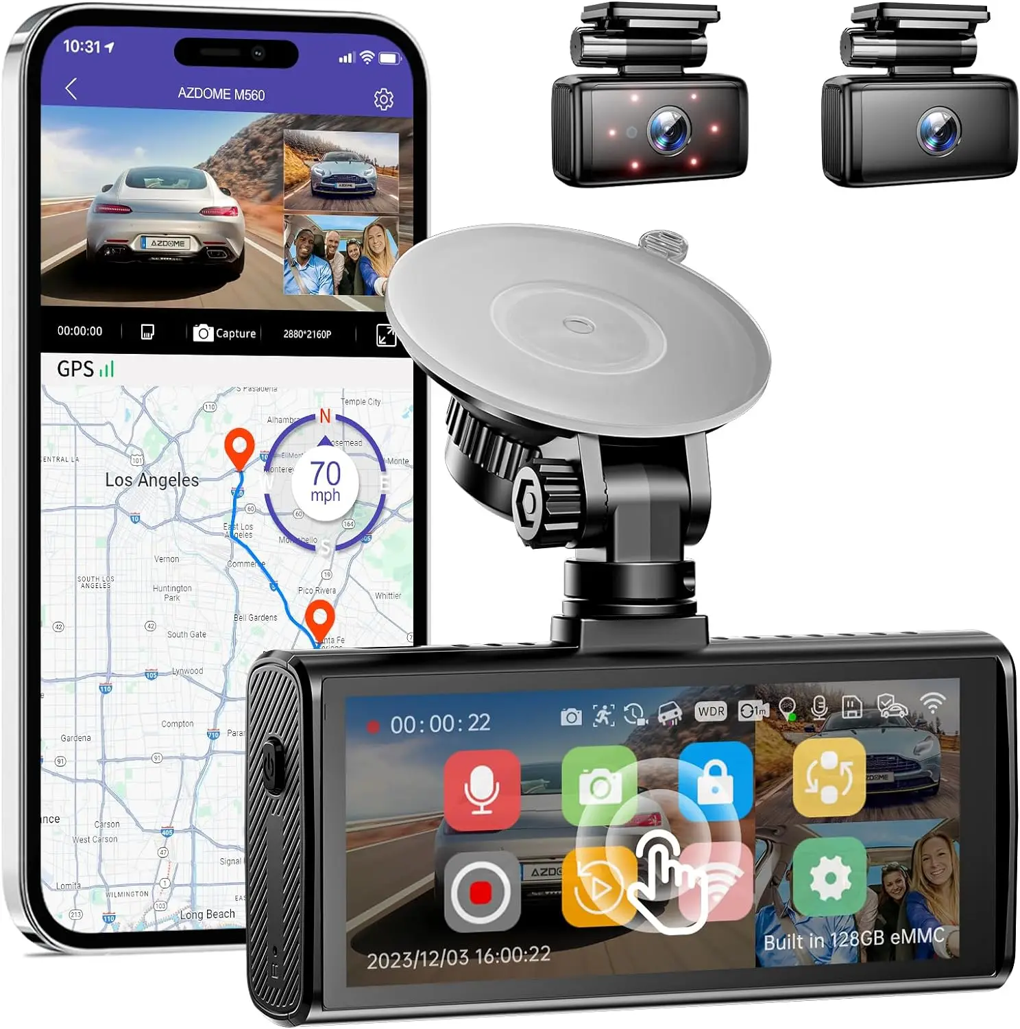 

AZDOME M560 3 Channel 4K Dash Cam, 4" IPS Touchscreen Built-in eMMC 128GB Front and Rear Inside,